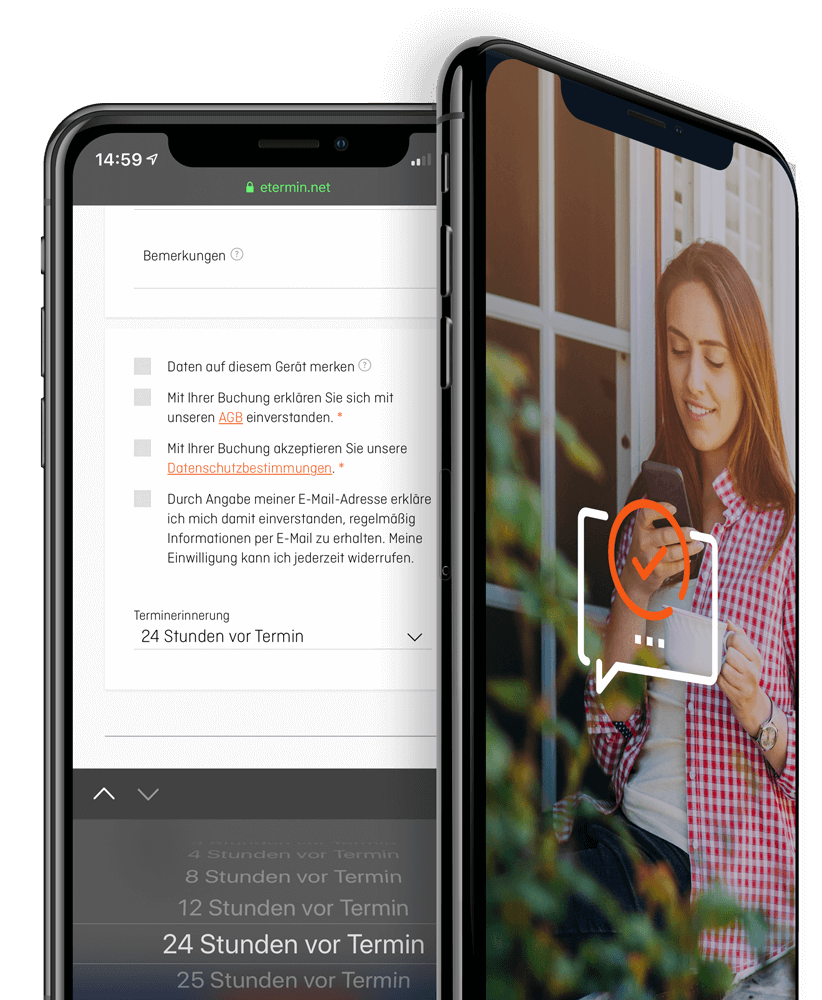Weniger Ausfälle durch automatische Terminbestätigungen und Erinnerungen per E-Mail, SMS oder Postkarte - mit der Online Terminbuchung von eTermin