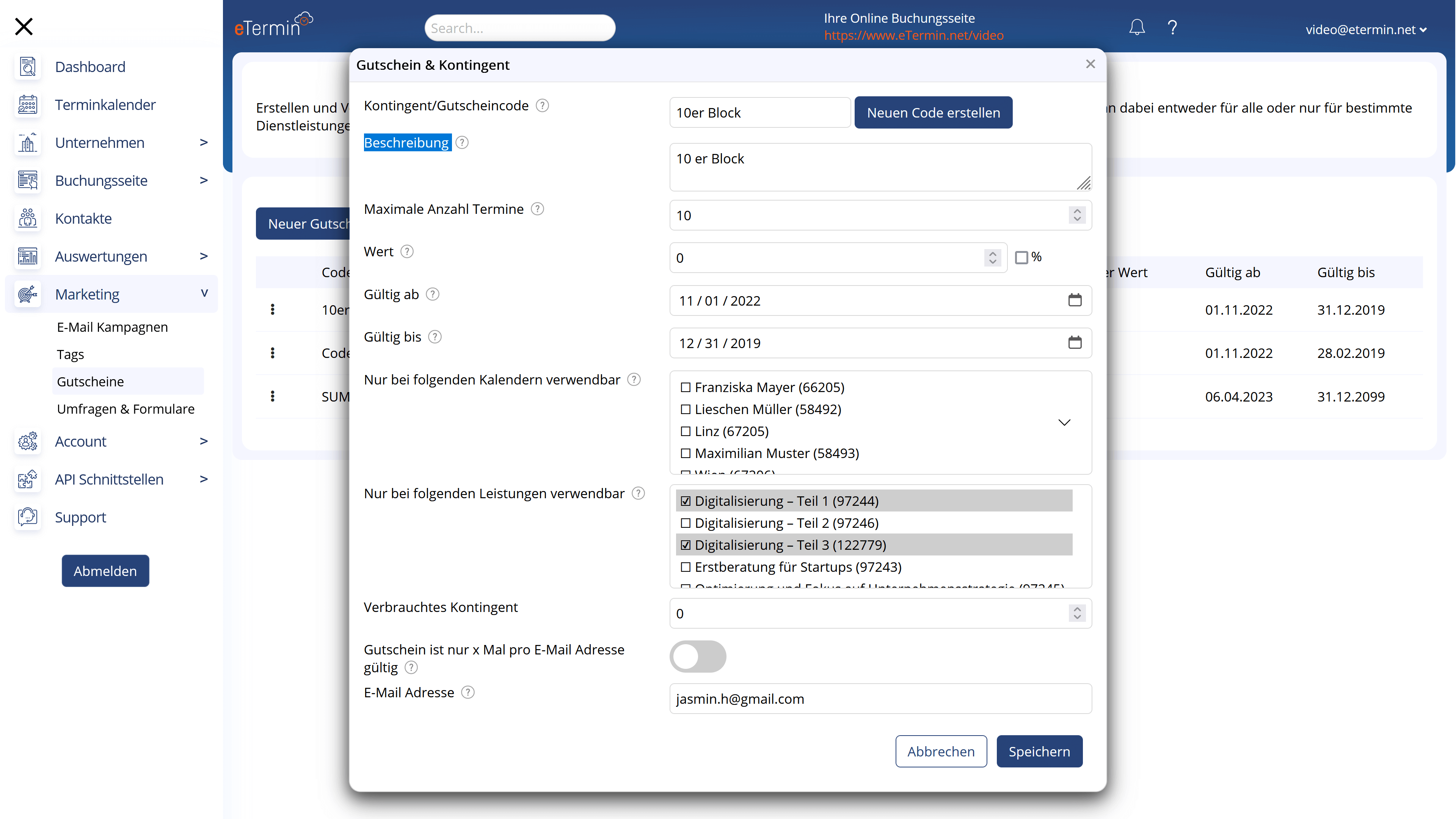 Gutscheinverwaltung Einstellungen Online Terminplaner